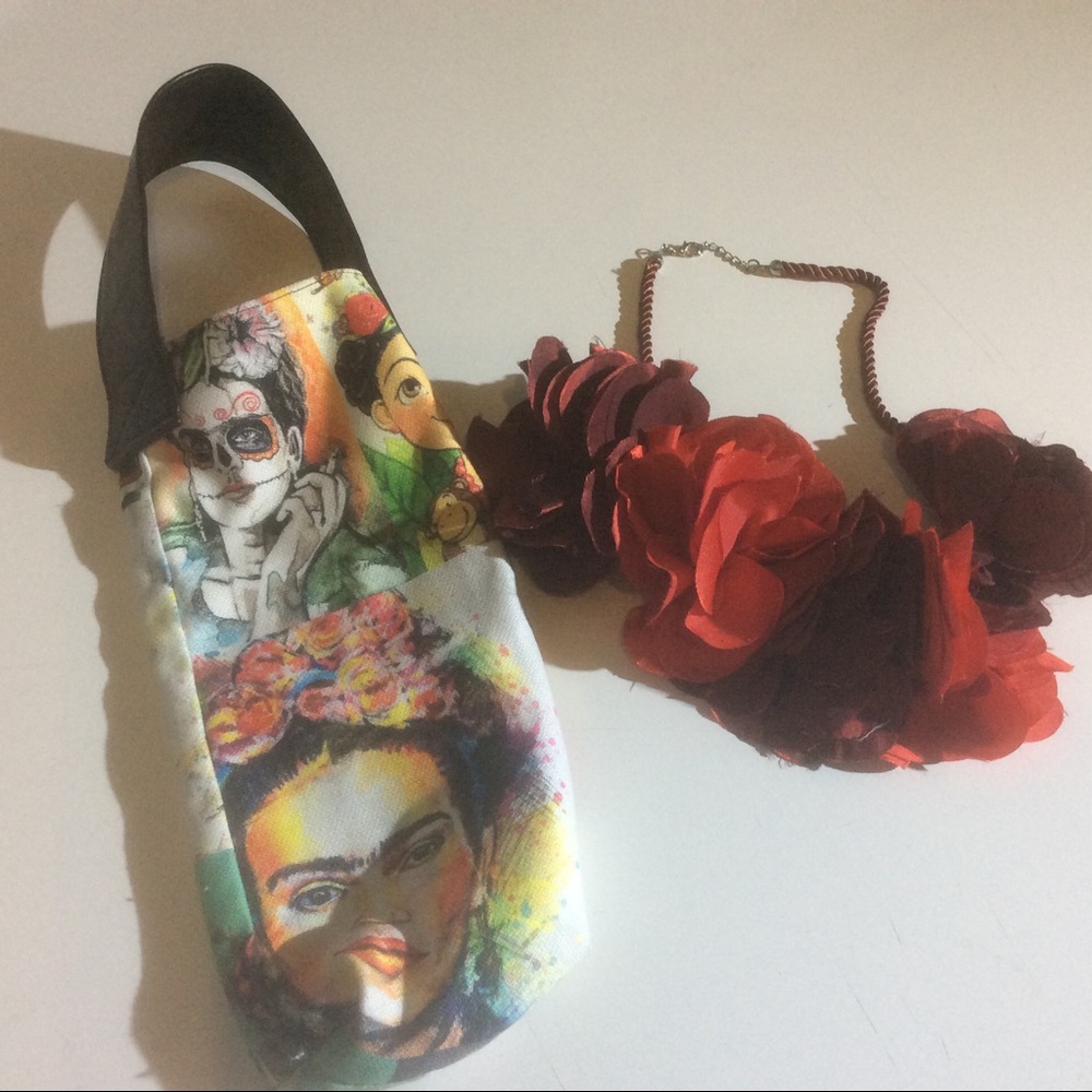 Frida Kahlo Water Bottle Bag + Red Flowers Necklace Boho Artsy Fabric Crafts